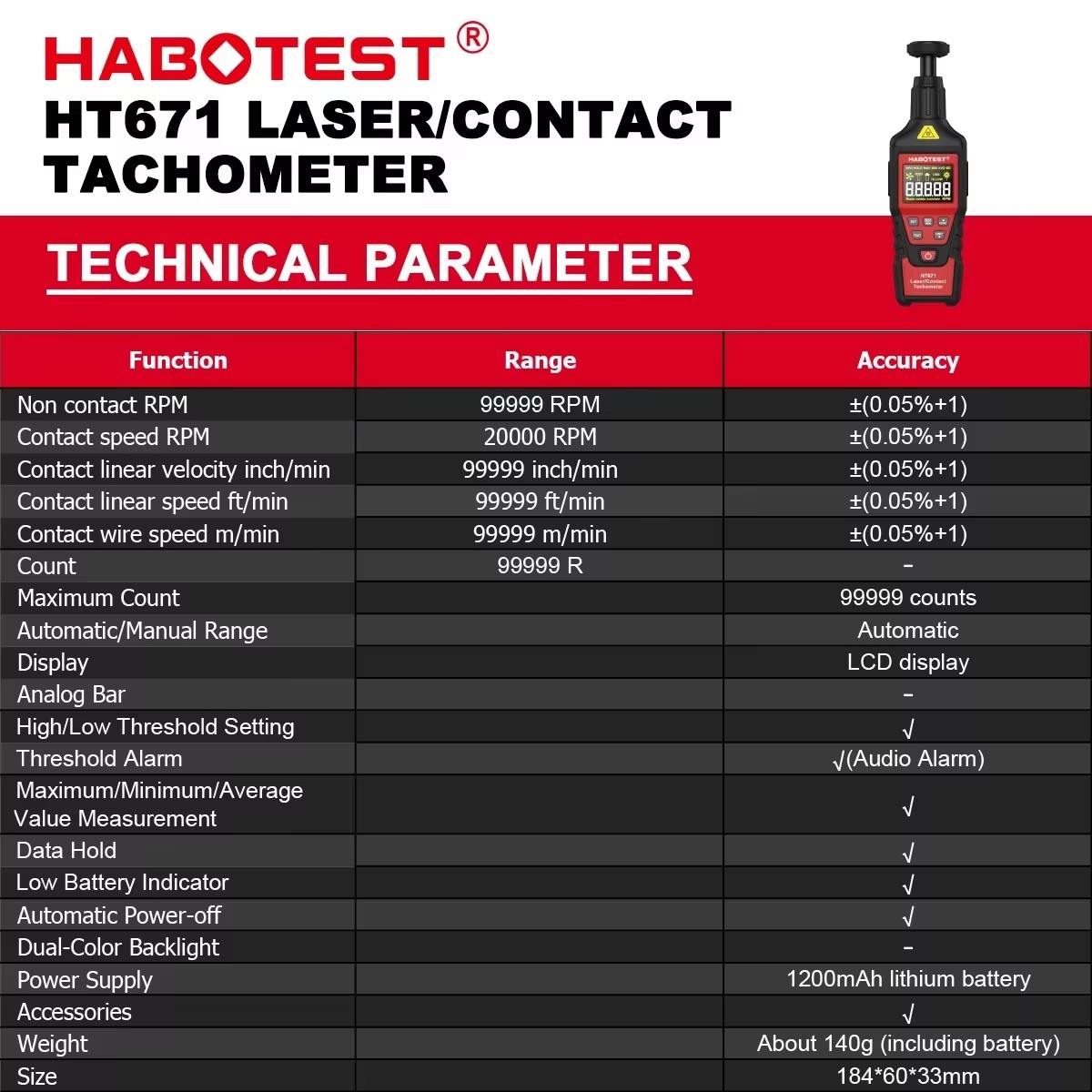 Industrial Laser Tachometer - Цифровой тахометр HABOTEST HT671 2-в-1: контактный