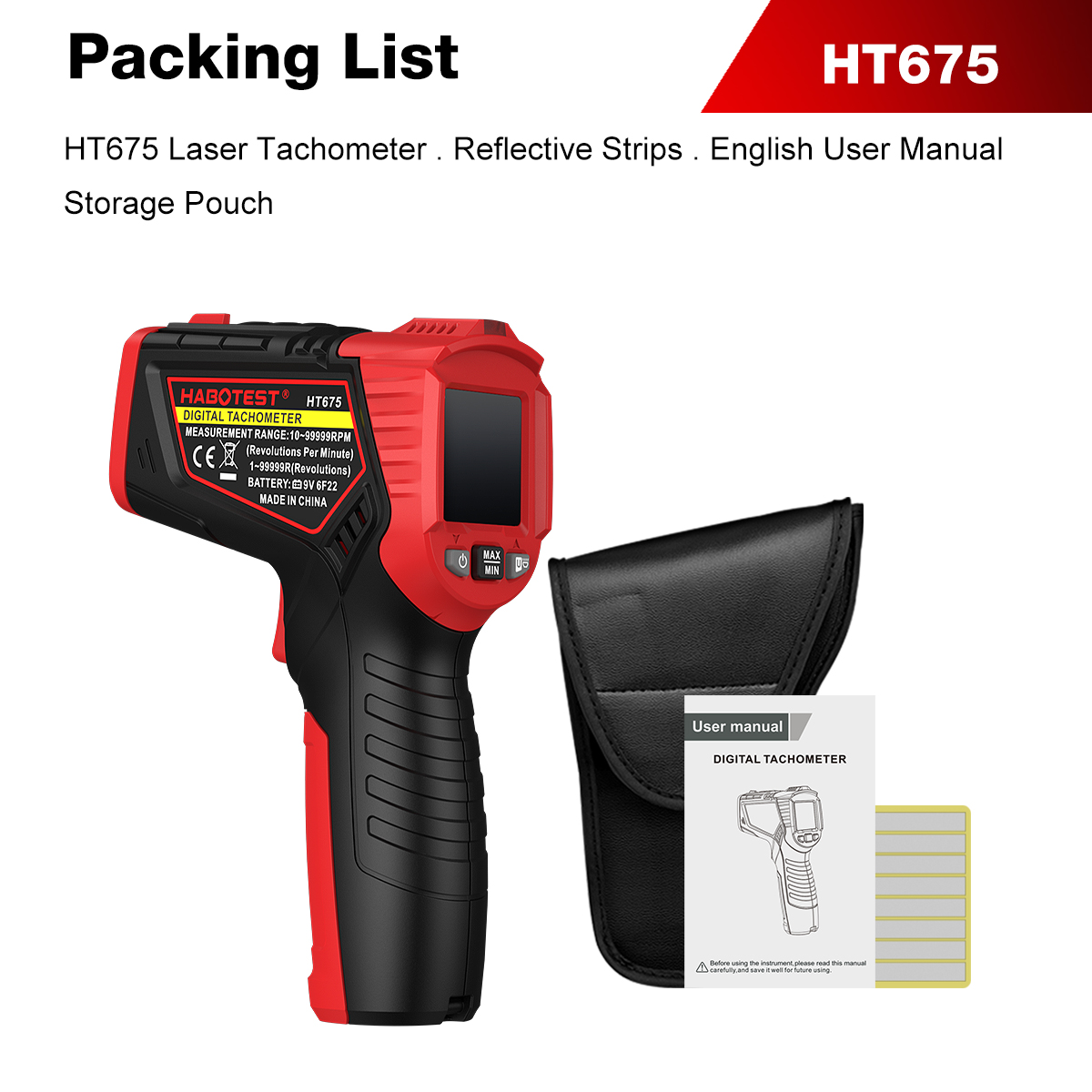 Industrial Laser Tachometer - Бесконтактный лазерный тахометр HABOTEST HT675, цифровой